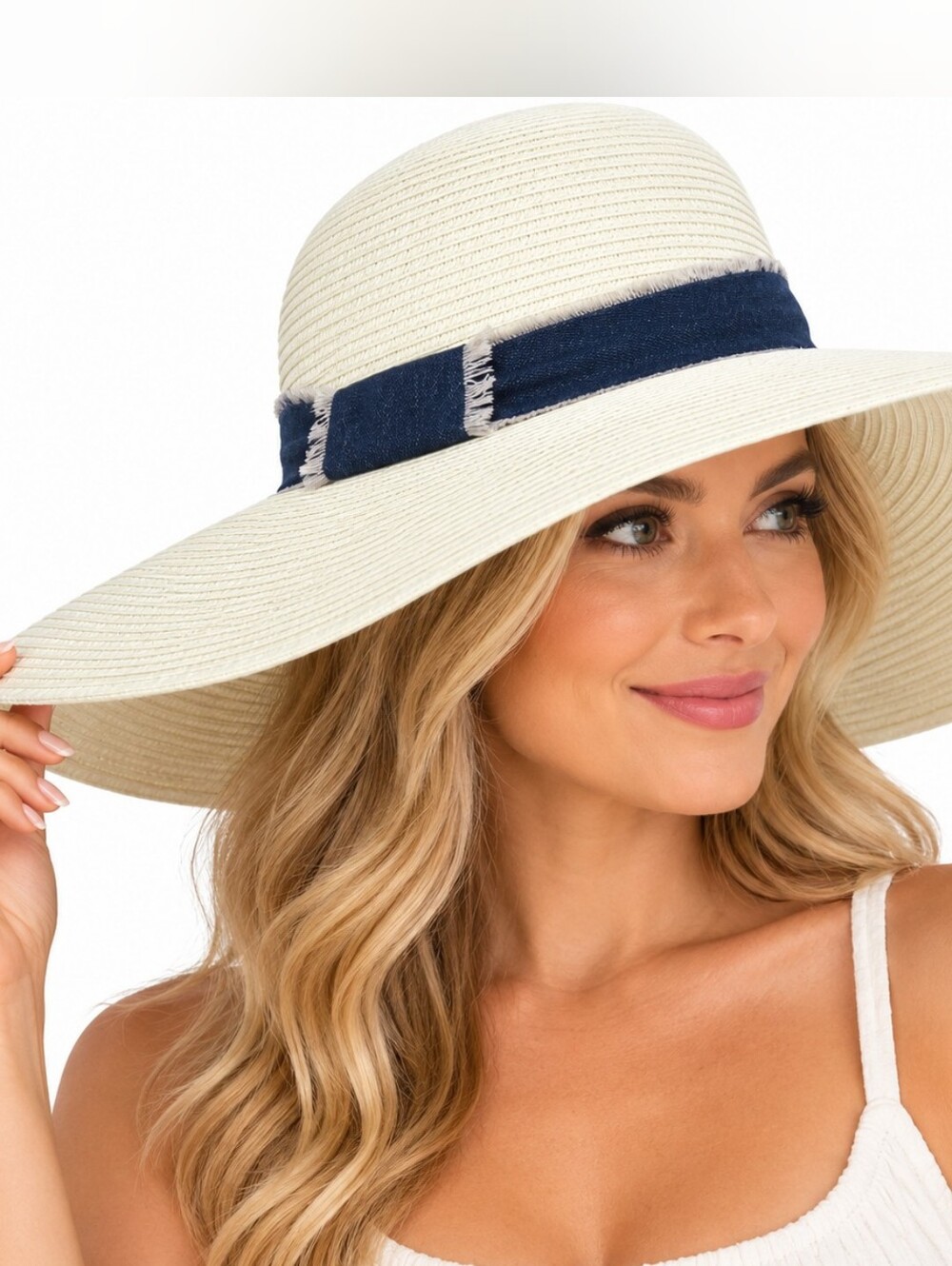 Something Special Women Wide Brim Sun Hat Ivory Navy Bow 100% Paper Straw Beach